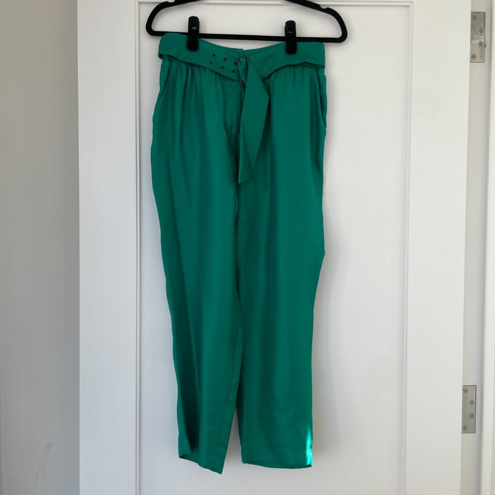 M By Missoni Dress Pants Green Silk Built-in D-Belt Straight Cut Trousers